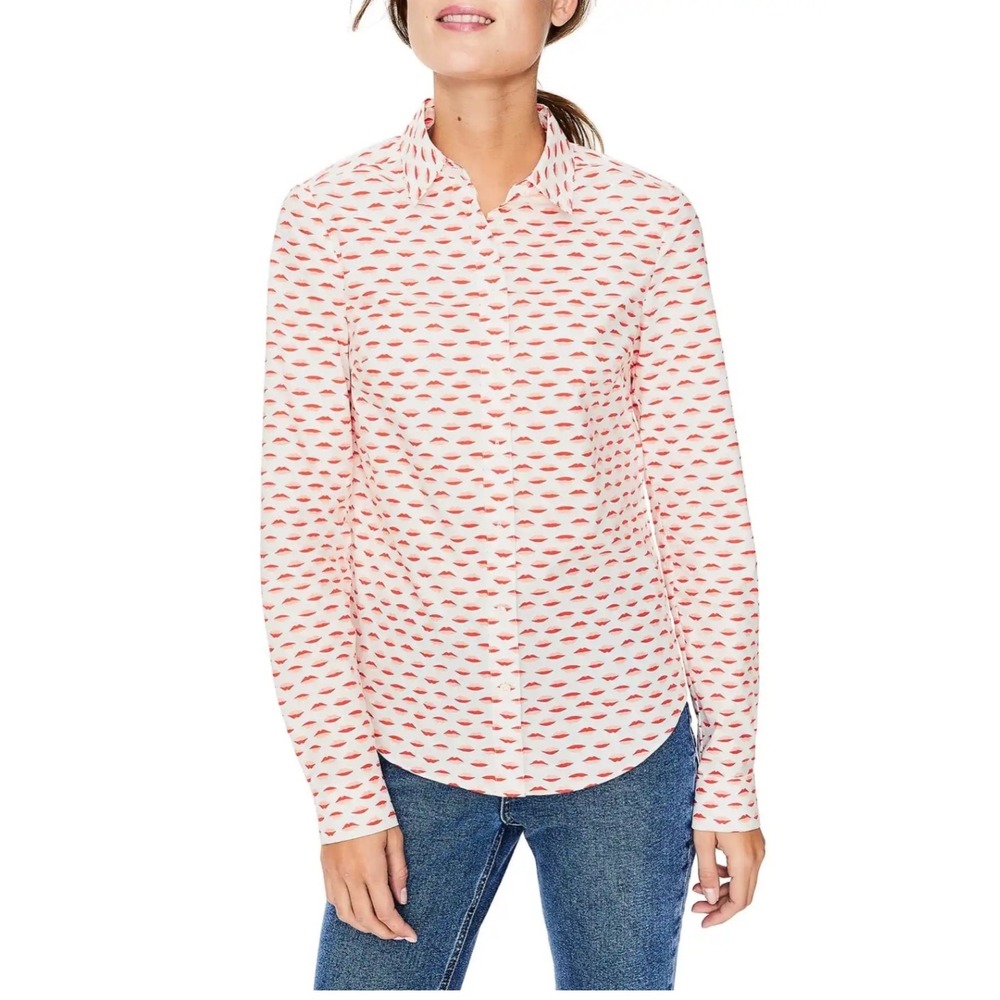 Boden Women's The Classic Shirt Lip Print White Red & Pink Cotton Button Down 2R